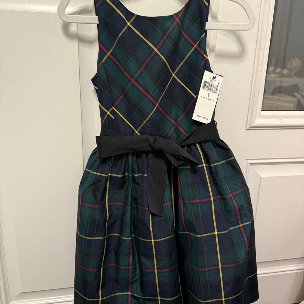 Ralph Lauren Plaid Sleeveless Kids Dress with Black Bow